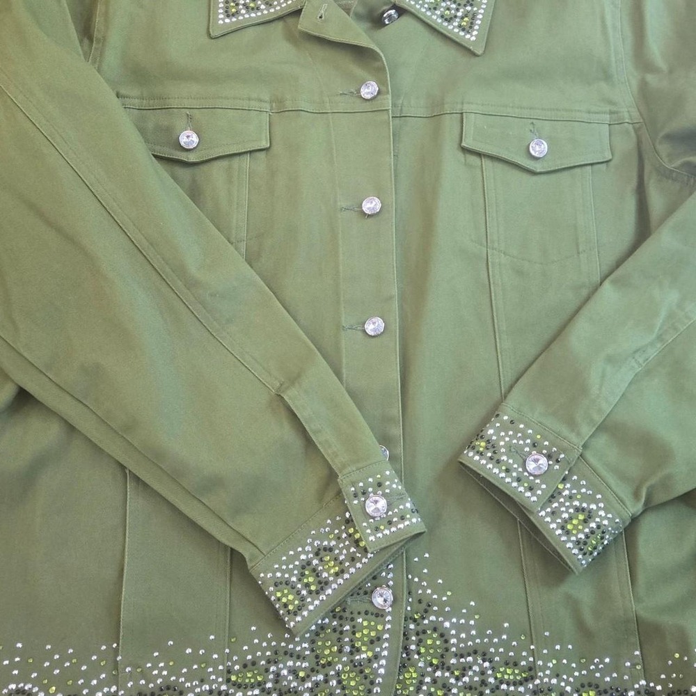 Quacker Factory Olive Green Rhinestone Embellished Denim Jacket XL Cotton